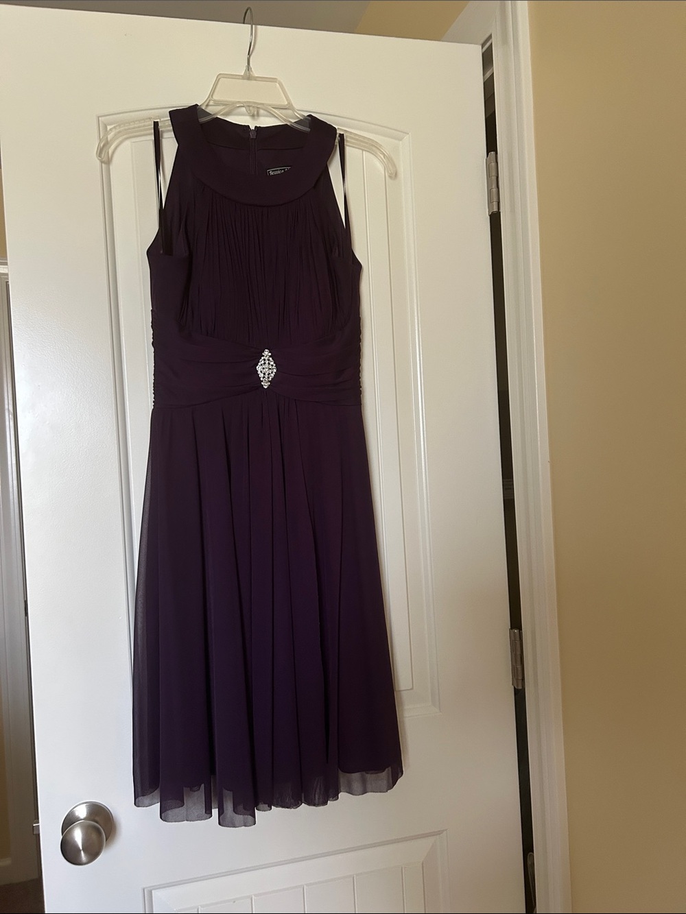 Jessica Howard Purple Pleated Midi Dress with Rhinestone Accent